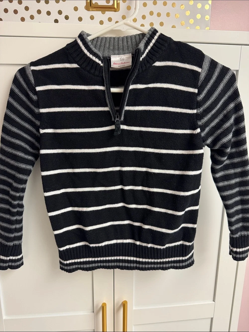 Hanna Andersson Black, White & Gray Striped Zip-Up Sweater
